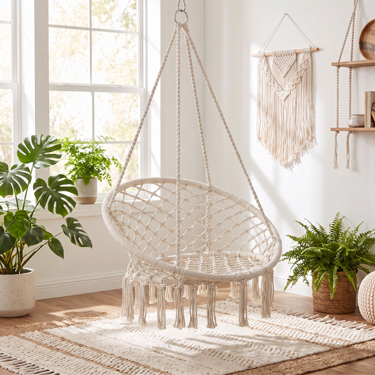 Hamaca silla colgante redonda de macramé blanco