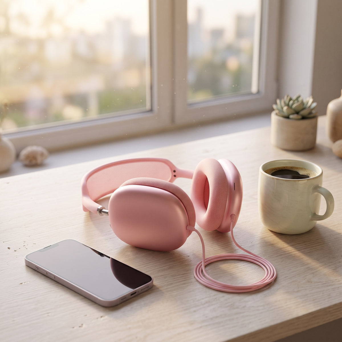 Auriculares de vincha con cable rosa