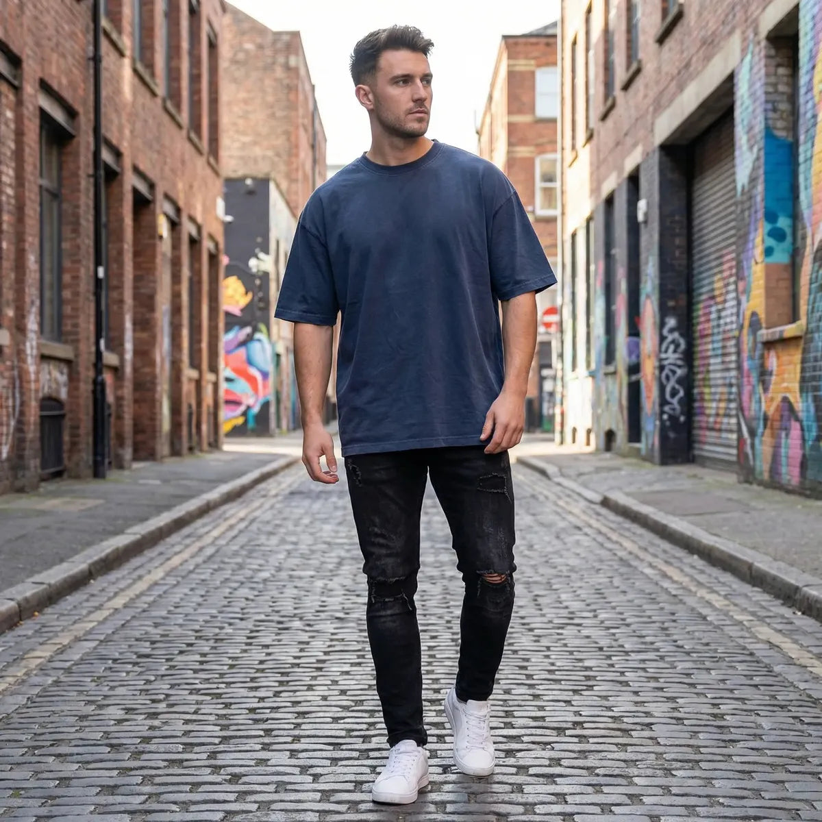 Remera Oversize Hombre 100% Algodón - Azul