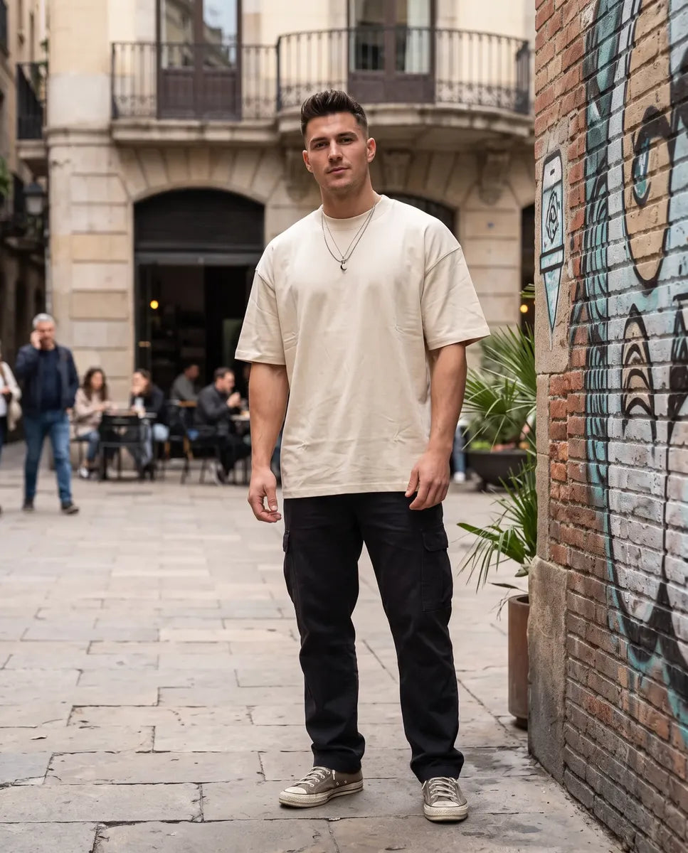 Remera Oversize Hombre 100% Algodón - Beige
