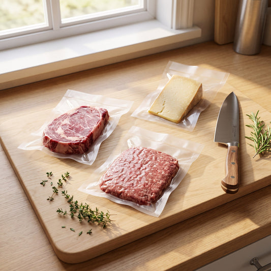 Bifes, queso y carne picada envasados al vacío en bolsas de 15 x 25 cm