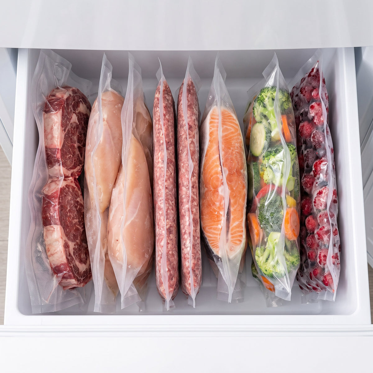 Freezer ordenado con alimentos envasados al vacío