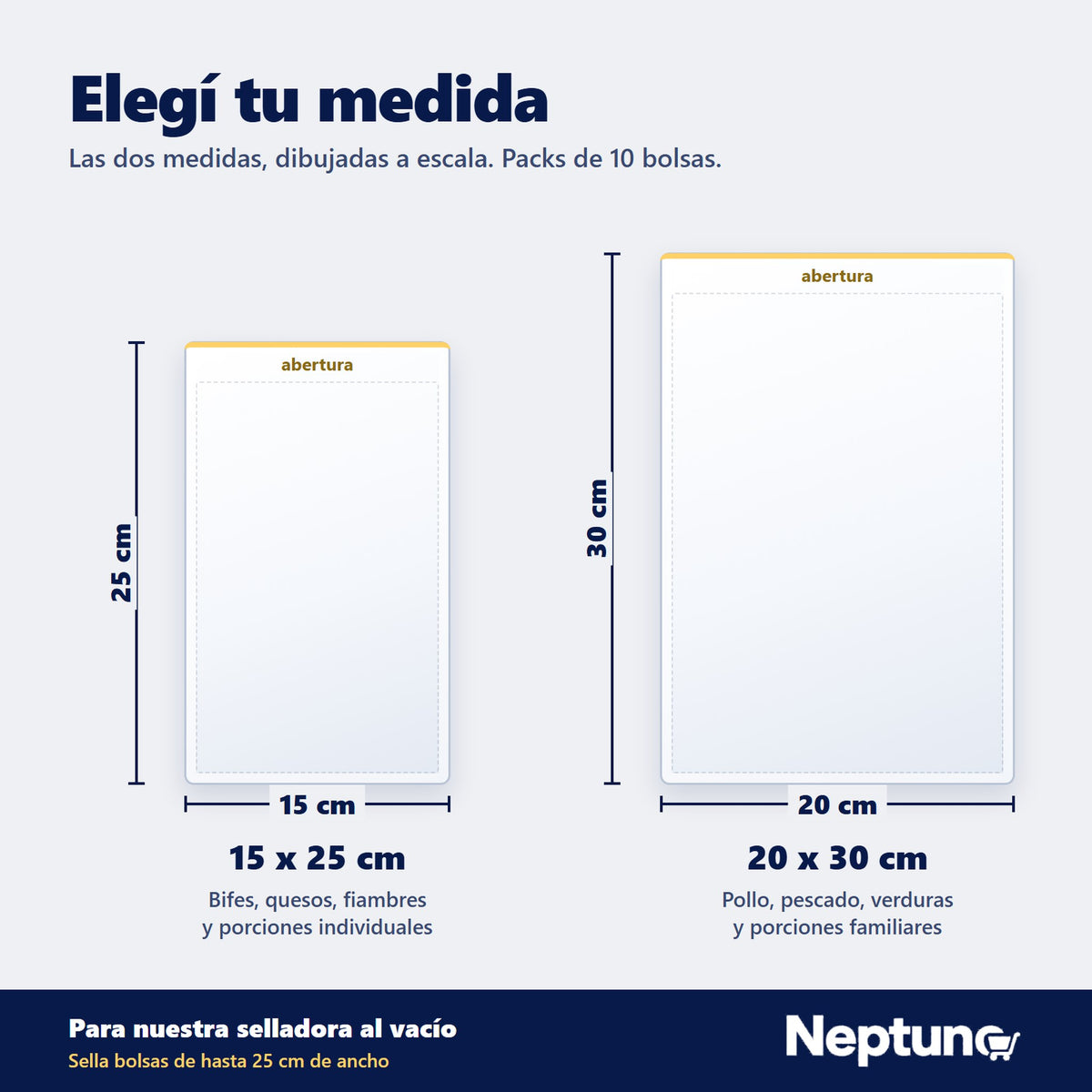 Medidas de las bolsas para envasado al vacío: 15 x 25 cm y 20 x 30 cm