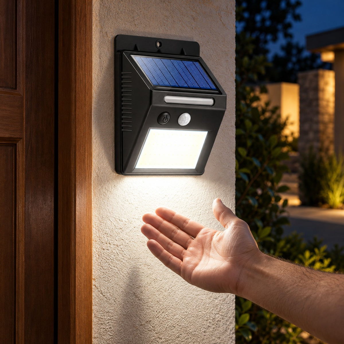 Foco solar de 48 LED encendido en la pared de la entrada