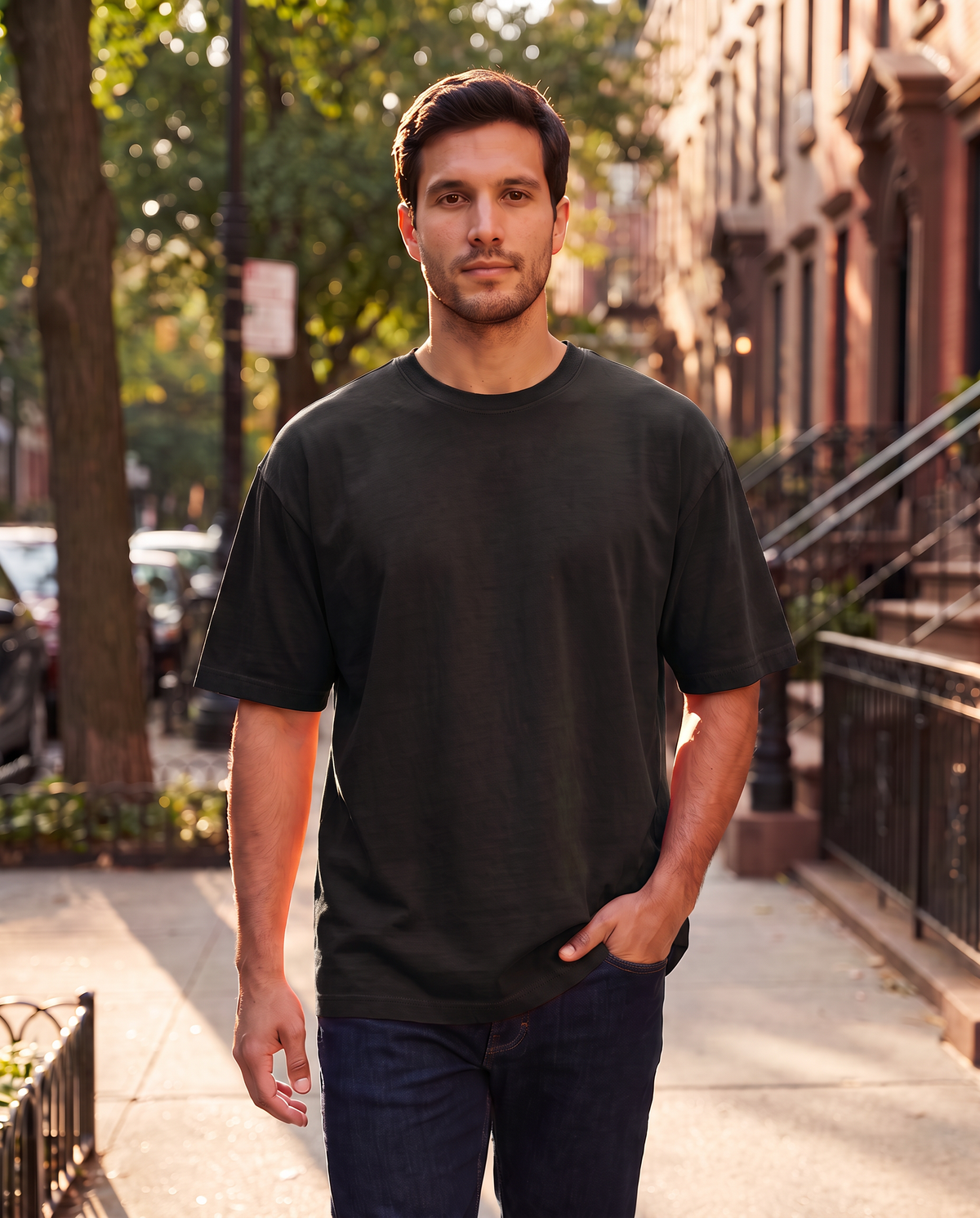 Remera oversize de hombre color negro en la calle