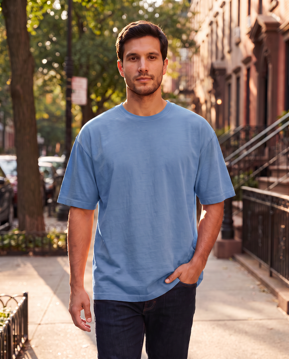 Remera oversize de hombre color celeste en la calle