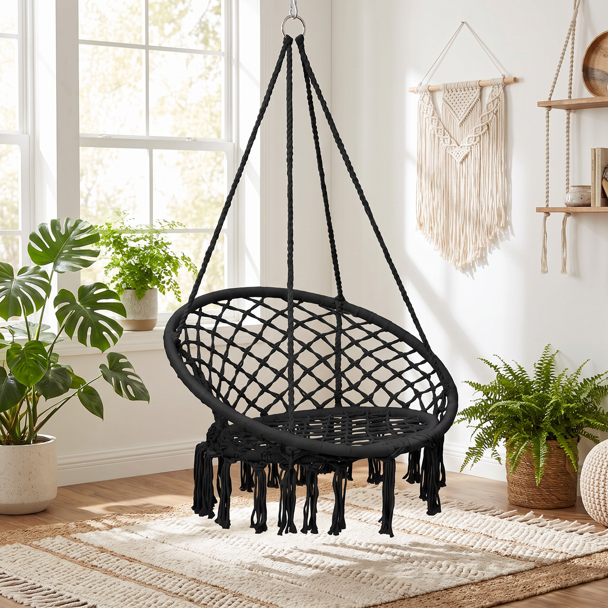 Hamaca silla colgante redonda de macramé negro