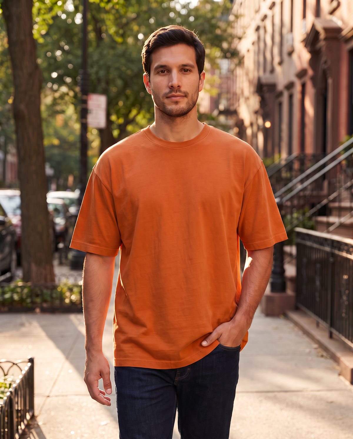 Remera oversize de hombre color naranja en la calle