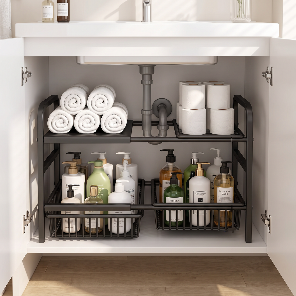 Organizador extensible bajo mesada de 2 niveles