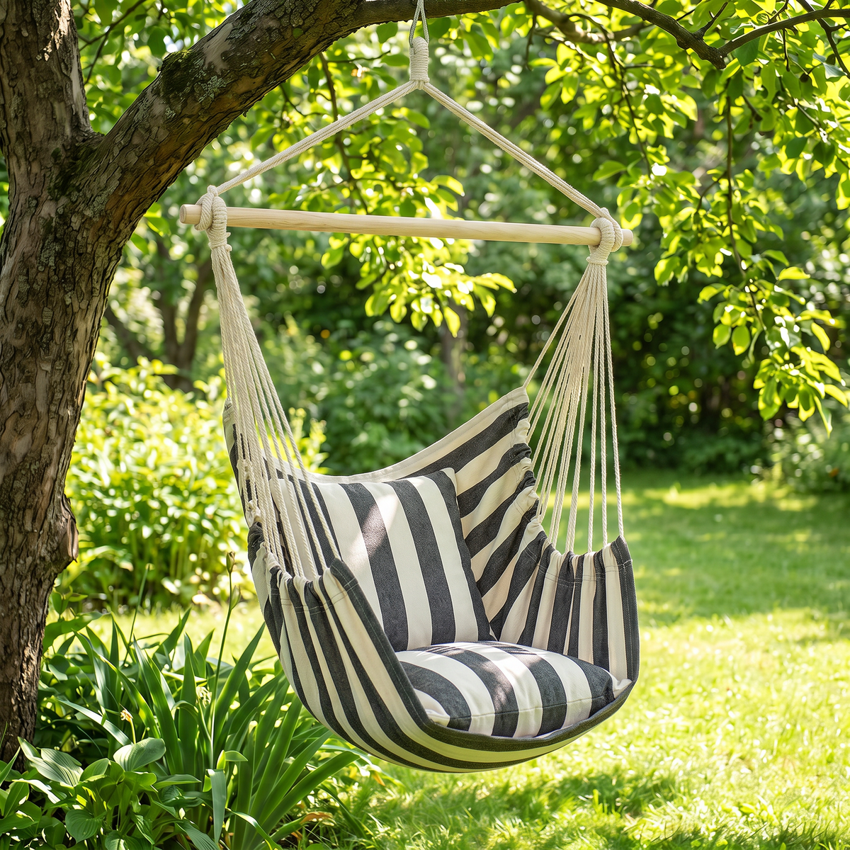 Hamaca sillón colgante con almohadones negro y blanco