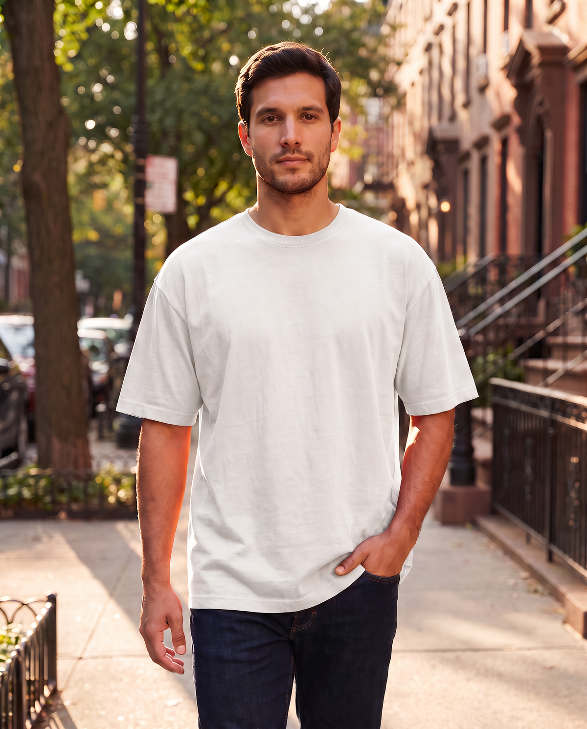 Remera oversize de hombre color blanco en la calle