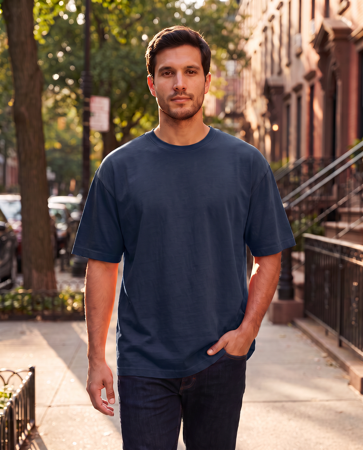 Remera oversize de hombre color azul en la calle