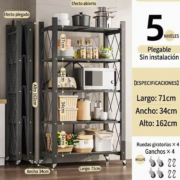 Estantería plegable metálica de 5 niveles con ruedas - medidas